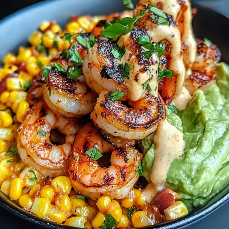 Grilled Shrimp Bowl with Avocado, Corn Salsa & Creamy Sauce