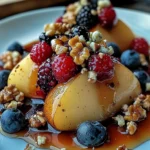 Baked Pears with Berries, Honey, Walnuts & Blue Cheese